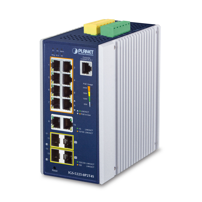 PLANET IP30 Industrial L2+/L4 8-Port Gestionado L2+ Gigabit Ethernet (10/100/1000) Aluminio, Azul