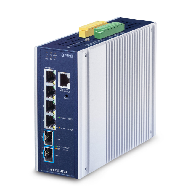 PLANET IP30 Industrial L3 4-Port Gestionado 2.5G Ethernet (100/1000/2500) Aluminio, Azul