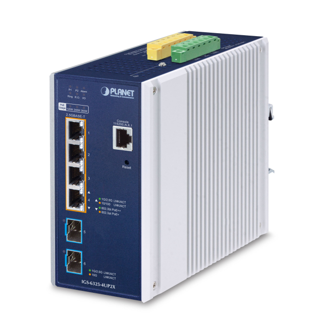 PLANET IP30 DIN-rail Industrial L3 Gestionado 2.5G Ethernet (100/1000/2500) Energía sobre Ethernet (PoE) Aluminio, Azul