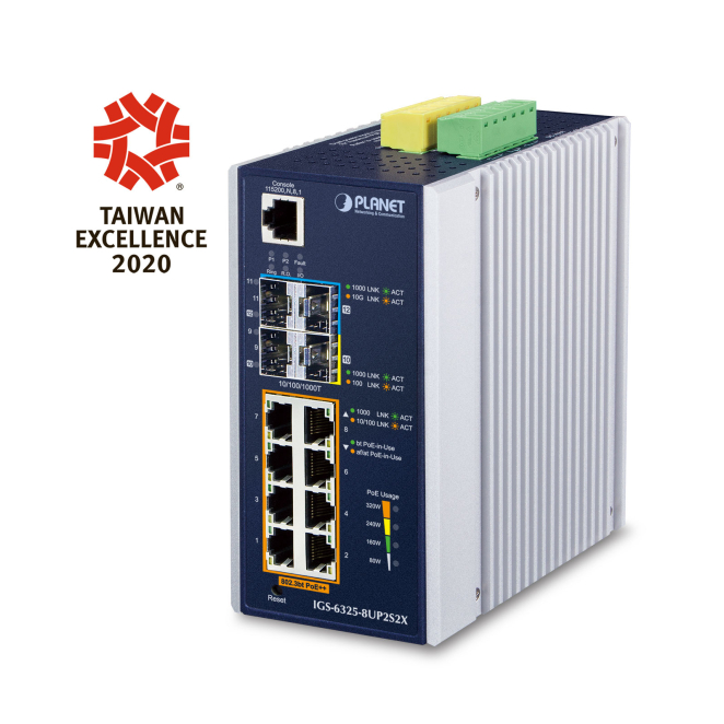PLANET IP30 DIN-rail Industrial L3 8P Gestionado Gigabit Ethernet (10/100/1000) Aluminio, Azul