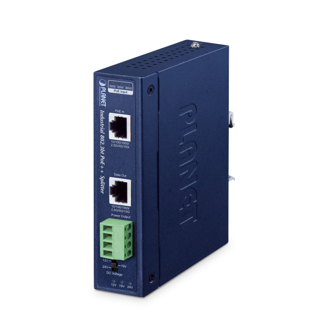 PLANET IP30 Industrial Single-Port 10Gbps 802.3bt PoE++ Splitter 24 V