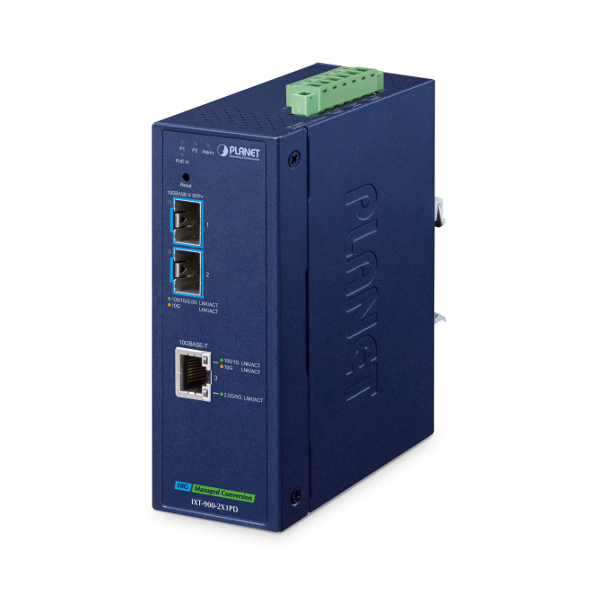 PLANET IP40 Industrial 2-Port convertidor de medio 10000 Mbit/s Azul