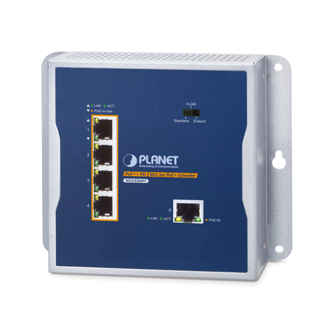 PLANET WGS-E304PT Industrial PoE+ Wall-mounted Extender 1-Port PoE++ to 4-Port Transmisor y receptor de red Azul