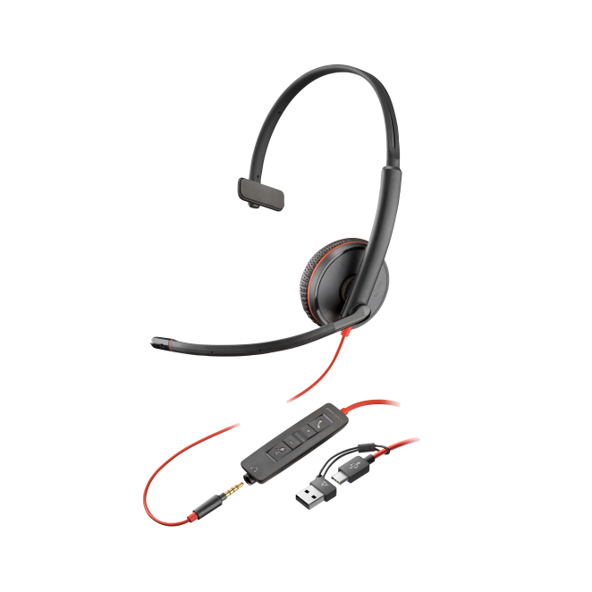 Poly Auriculares Blackwire 3215 monaural USB-C + conector de 3,5 mm + adaptador USB-C/A (paquete)