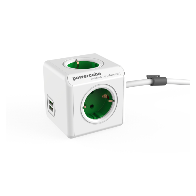 Allocacoc PowerCube Extended USB base múltiple 1,5 m 4 salidas AC Interior Verde, Blanco
