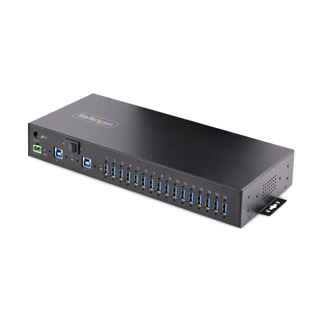 StarTech.com Hub Ladrón USB 3.0 5Gb de 16 Puertos Industrial - Metal - Montaje en Rack/Superficie/DIN - Carga Compartida USB 120W - ESD - Bloque de Terminales - Switch de 2 Hosts