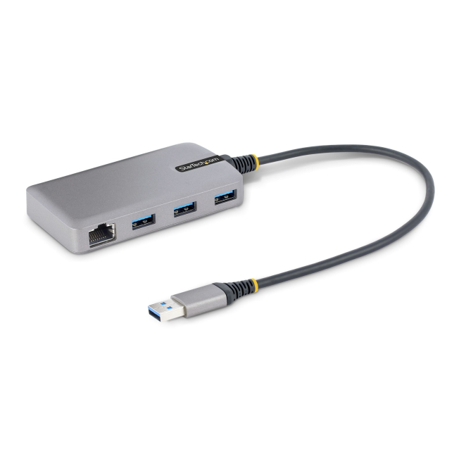 StarTech.com Hub USB de 3 Puertos USBA - USB 3.0 de 5Gbps - Alimentado por el Bus - Concentrador USB de 3 Puertos USB-A - Ladrón USB Portátil - Cable 30cm - Red Ethernet RJ45 1Gb