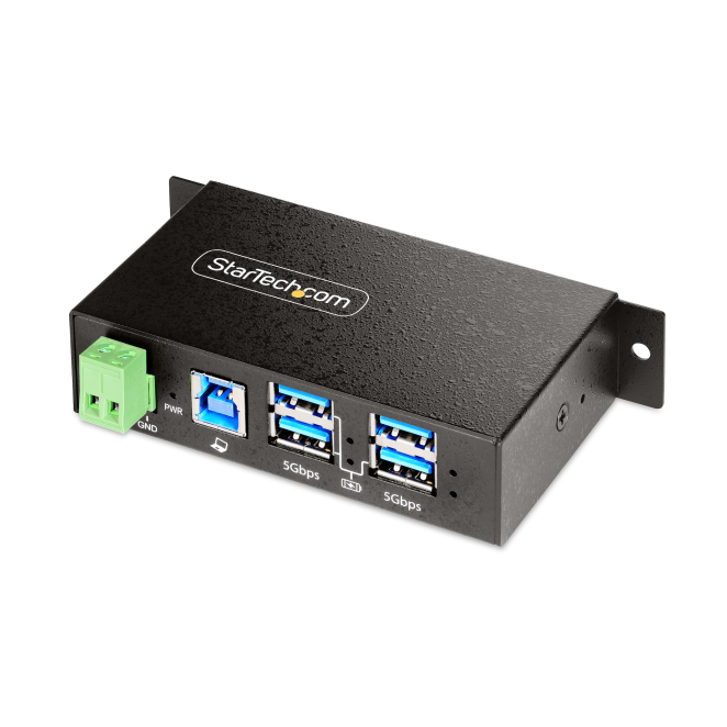 StarTech.com Hub USB Industrial de 4 Puertos Gestionado - Servicio Pesado - Caja de Metal - Protección ESD y Sobretensión - Montaje DIN, Pared, Escritorio - USB 3.2 Gen 1 5Gbps