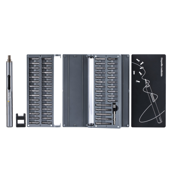 StarTech.com Destornillador Eléctrico con Juego de 55 Puntas de Precisión - Mini Destornillador Portátil a Pilas para Reparación de Ordenadores, Tablets y Móviles - Inalámbrico