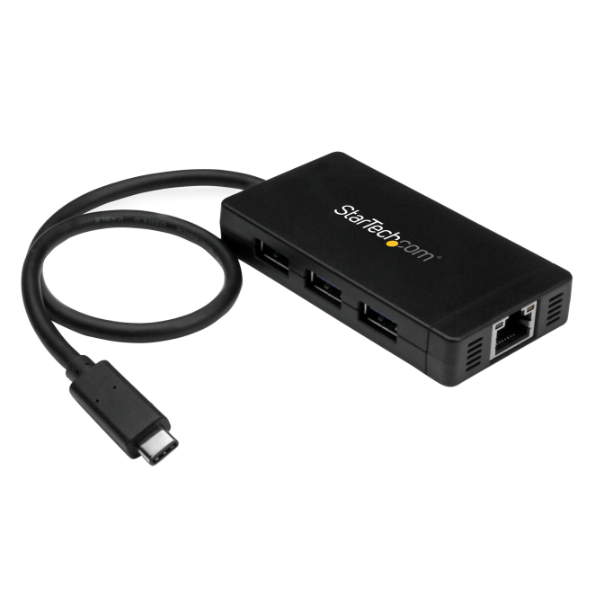 StarTech.com Concentrador USB 3.0 de 3 Puertos con USB-C y Ethernet Gigabit - 5Gbps - Con Adaptador de Alimentación