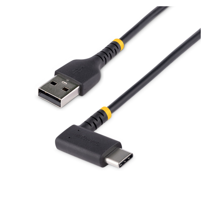StarTech.com Cable de Carga USB-A a USB-C de 1m - Cable de Carga Rápida de Servicio Pesado USB Tipo C - Cable USB 2.0 - Cable USB Tipo C Acodado - Resistente con Fibra de Aramida - 3A - Negro