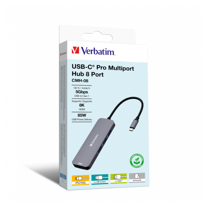 Verbatim CMH-08 USB Tipo C 5000 Mbit/s Plata