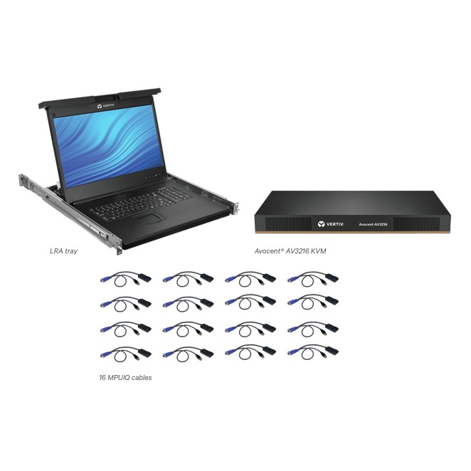 Vertiv Avocent Consola LCD de acceso directo al rack de 19″ con conmutador KVM AutoView 2216 digital o analógico de 16 puertos, teclado USB, RAK-Key para acceso digital y 16 cables MPUIQ-VMCHS, US INTL