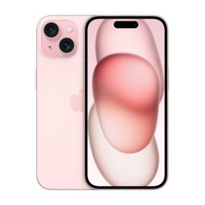 Apple iPhone 15 en color rosa, 128 GB de almacenamiento, soporte para doble SIM, conector USB Tipo C, pantalla de 6.1 pulgadas y iOS 17. SKU: MTP13QL/A