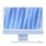 Imagen del Apple iMac todo en uno de color azul con procesador Apple M, pantalla de 23.5 pulgadas y resolución 4480 x 2520 pixeles, 16GB de RAM y 256GB SSD, SKU MWV13ZE/A