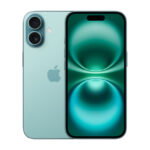 Imagen del Apple iPhone 16 en color Verde Azulado, pantalla de 6.1 pulgadas, 128 GB de almacenamiento, SIM doble y conectividad 5G. SKU MYED3HX/A.