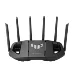 Imagen del router inalámbrico ASUS modelo 90IG0A30-MO9C00, de color negro, con capacidades tribanda (2.4 GHz, 5 GHz, 6 GHz) y velocidad de 2.5 Gigabit Ethernet