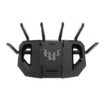 Imagen del router inalámbrico ASUS modelo 90IG0A30-MO9C00, de color negro, con capacidades tribanda (2.4 GHz, 5 GHz, 6 GHz) y velocidad de 2.5 Gigabit Ethernet