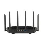 Imagen del router inalámbrico ASUS modelo 90IG0A30-MO9C00, de color negro, con capacidades tribanda (2.4 GHz, 5 GHz, 6 GHz) y velocidad de 2.5 Gigabit Ethernet
