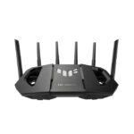 Imagen del router inalámbrico ASUS modelo 90IG0A30-MO9C00, de color negro, con capacidades tribanda (2.4 GHz, 5 GHz, 6 GHz) y velocidad de 2.5 Gigabit Ethernet