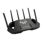 Imagen del router inalámbrico ASUS modelo 90IG0A30-MO9C00, de color negro, con capacidades tribanda (2.4 GHz, 5 GHz, 6 GHz) y velocidad de 2.5 Gigabit Ethernet