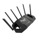 Imagen del router inalámbrico ASUS modelo 90IG0A30-MO9C00, de color negro, con capacidades tribanda (2.4 GHz, 5 GHz, 6 GHz) y velocidad de 2.5 Gigabit Ethernet