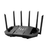Imagen del router inalámbrico ASUS modelo 90IG0A30-MO9C00, de color negro, con capacidades tribanda (2.4 GHz, 5 GHz, 6 GHz) y velocidad de 2.5 Gigabit Ethernet