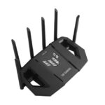 Imagen del router inalámbrico ASUS modelo 90IG0A30-MO9C00, de color negro, con capacidades tribanda (2.4 GHz, 5 GHz, 6 GHz) y velocidad de 2.5 Gigabit Ethernet