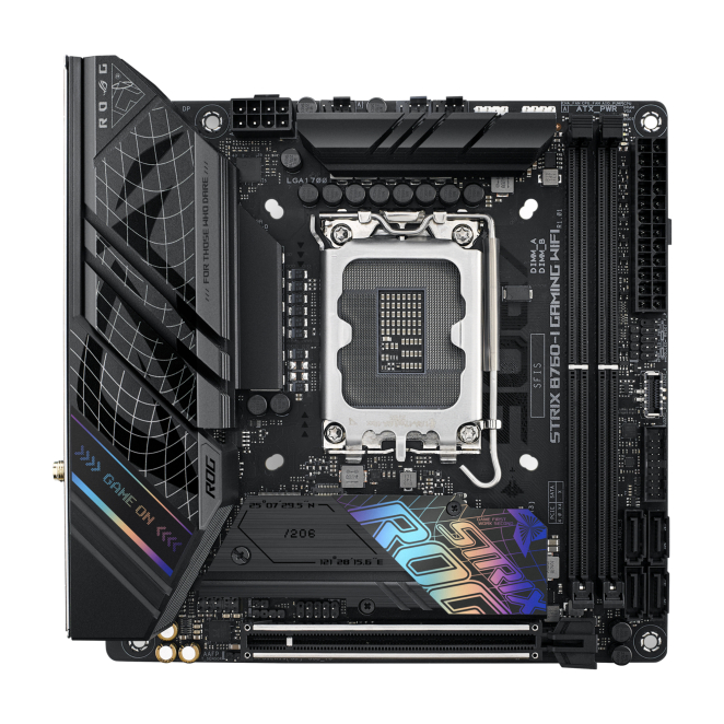 ASUS ROG STRIX B760-I GAMING WIFI mini ITX placa base con Intel B760 y LGA 1700 Imagen de la placa base ASUS ROG STRIX B760-I GAMING WIFI con chipset Intel B760, socket LGA 1700 y formato mini ITX. SKU: 90MB1D90-M1EAY0