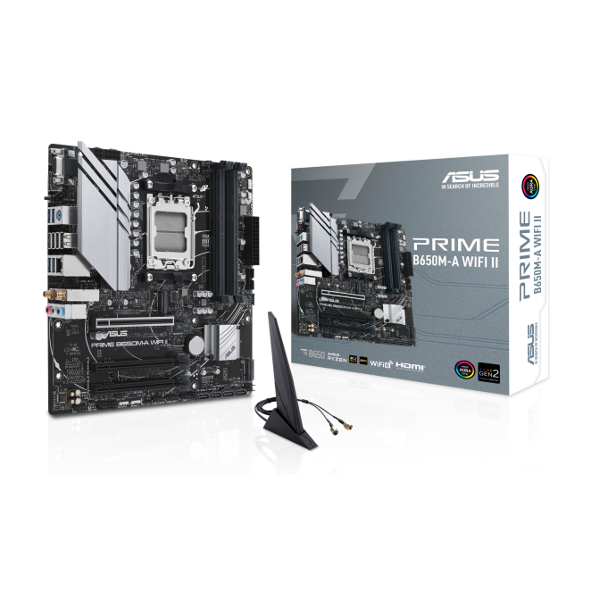 ASUS Prime B650M-A WIFI II placa base micro ATX con AMD B650 Imagen de la placa base ASUS Prime B650M-A WIFI II con chipset AMD B650, zócalo AM5 y formato micro ATX. SKU: 90MB1EG0-M0EAY0