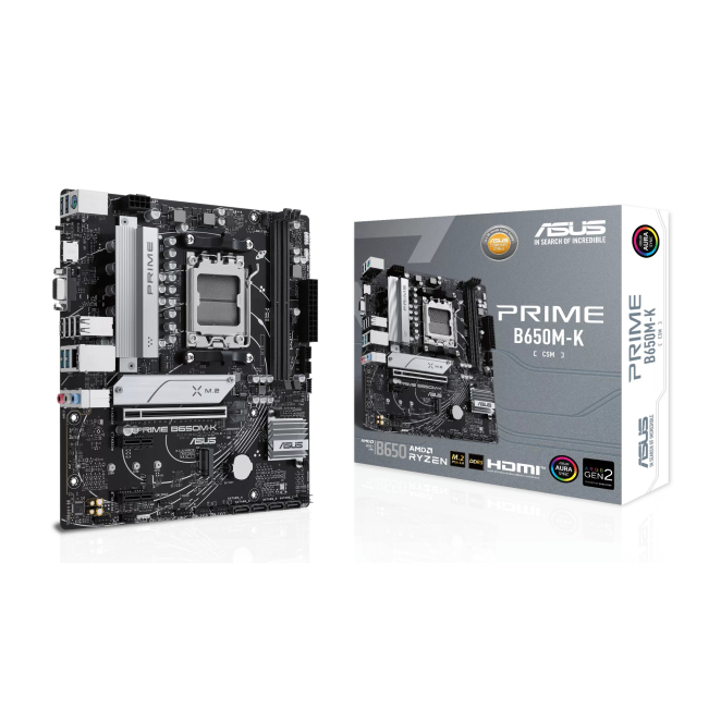 ASUS PRIME B650M-K micro ATX con zócalo AM5 Placa base ASUS PRIME B650M-K con chipset AMD B650, zócalo AM5 y formato micro ATX. SKU: 90MB1F60-M0EAY0.