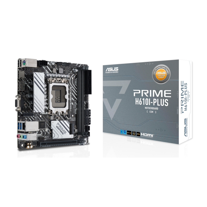ASUS Prime Mini ITX Motherboard with Intel H610 Chipset ASUS PRIME H610I-PLUS-CSM Intel H610 LGA 1700 mini ITX motherboard. SKU 90MB1GB0-M0EAYC. High-performance compact motherboard for efficient builds.