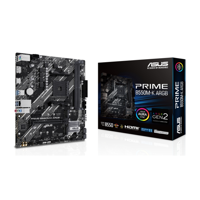 ASUS PRIME B550M-K ARGB motherboard with AMD B550 chipset ASUS PRIME B550M-K with ARGB lighting, AMD B550 chipset, AM4 socket, micro ATX. SKU: 90MB1GC0-M0EAY0