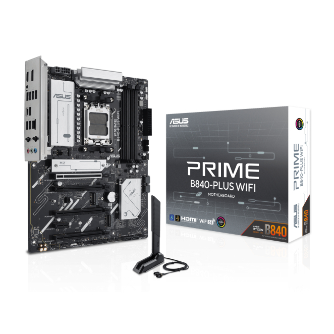 ASUS PRIME WiFi Motherboard con Socket AM5 y formato ATX Imagen de la ASUS PRIME B840-PLUS WIFI para AMD con zócalo AM5, formato ATX y SKU 90MB1IZ0-M0EAY0