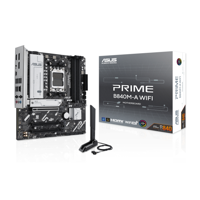 ASUS PRIME B840M-A WIFI Placa Madre AMD Micro ATX Placa madre ASUS PRIME B840M-A WIFI, chipset AMD B840, zócalo AM5, formato micro ATX, SKU 90MB1J20-M0EAY0