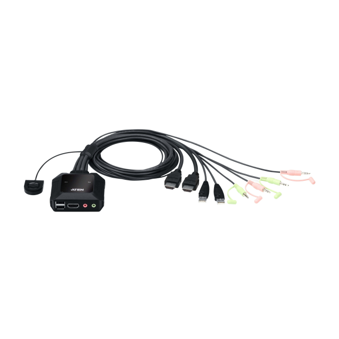 ATEN Switch KVM USB 4K HDMI de 2 puertos con selector remoto Imagen del ATEN Switch KVM USB 4K HDMI de 2 puertos con cable y selector de puerto remoto, SKU CS22H-AT. Permite controlar dos computadoras con un solo teclado y mouse.