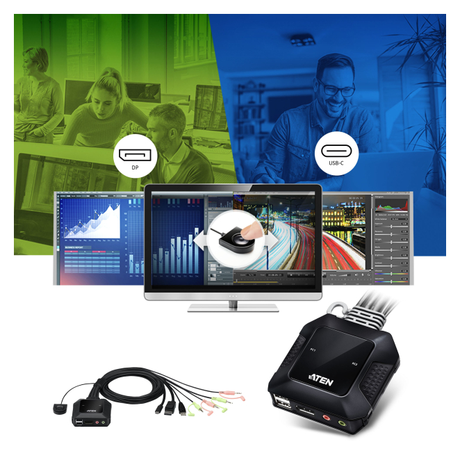 ATEN Switch KVM en formato cable híbrido DisplayPort de 2 puertos USB-C 3 ATEN Switch KVM para entornos laborales híbridos