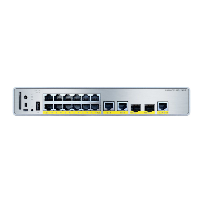 Cisco Switch Gestionado Gigabit Ethernet con PoE Imagen del switch Cisco C9200CX-12T-2X2G-E gestionado con soporte Gigabit Ethernet 10/100/1000 y energía sobre Ethernet PoE, SKU C9200CX-12T-2X2G-E