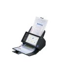 Vista frontal del escáner Canon imageFORMULA ScanFront 400 con alimentador automático de documentos, resolución de 600 x 600 DPI, para papel tamaño A4 en colores negro y blanco. SKU 1255C003