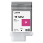 Cartucho de tinta magenta original Canon PFI-120M, SKU 2887C001, diseñado para impresiones de alta calidad y precisión de color.