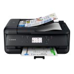 Vista frontal de la impresora Canon PIXMA TR7650 de inyección de tinta con resolución de 4800 x 1200 DPI y conectividad Wifi. SKU 4452C026