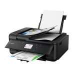 Vista frontal de la impresora Canon PIXMA TR7650 de inyección de tinta con resolución de 4800 x 1200 DPI y conectividad Wifi. SKU 4452C026