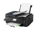 Vista frontal de la impresora Canon PIXMA TR7650 de inyección de tinta con resolución de 4800 x 1200 DPI y conectividad Wifi. SKU 4452C026
