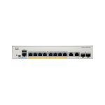 Vista frontal del switch Cisco Catalyst C1000-8P-2G-L gestionado L2, compatible con Gigabit Ethernet y soporte PoE, color gris. SKU: C1000-8P-2G-L
