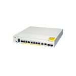 Vista frontal del switch Cisco Catalyst C1000-8P-2G-L gestionado L2, compatible con Gigabit Ethernet y soporte PoE, color gris. SKU: C1000-8P-2G-L