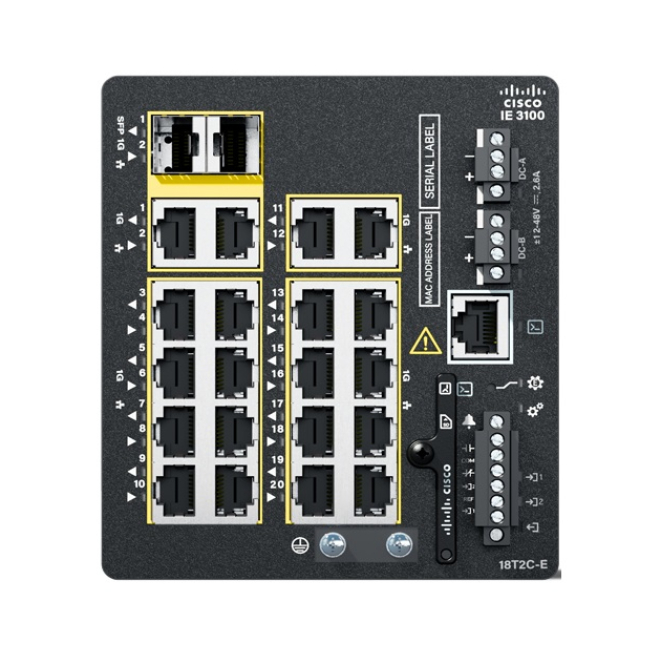 Cisco Catalyst IE3100 Switch Gestionado L2/L3 Gigabit Ethernet Negro Imagen del switch Cisco Catalyst IE3100 gestionado L2/L3 Gigabit Ethernet negro con SKU IE-3100-18T2C-E