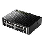 Vista frontal del Cudy Switch Fast Ethernet (10/100) modelo FS1016D, color negro, con 16 puertos