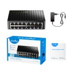 Vista frontal del Cudy Switch Fast Ethernet (10/100) modelo FS1016D, color negro, con 16 puertos
