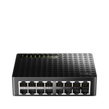 Vista frontal del Cudy Switch Fast Ethernet (10/100) modelo FS1016D, color negro, con 16 puertos