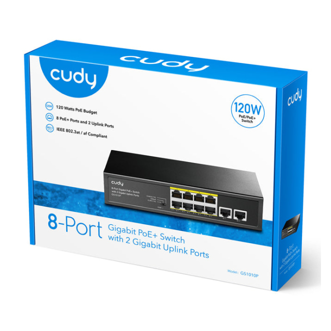 Cudy GS1010P switch Gigabit Ethernet (10/100/1000) Energía sobre Ethernet (PoE) Montaje en pared/escritorio Negro 4 Switch Gigabit Ethernet Cudy GS1010P montado en pared